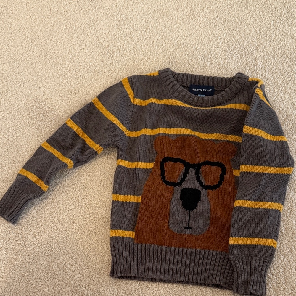 Andy & Evan Gray Sweater with Mustard Stripes and Bear Motif